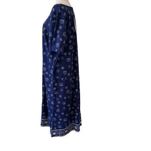 La Cera 1X NWT Cotton Tunic Maxi Dress Blue and White Side Pockets - Picture 4 of 9